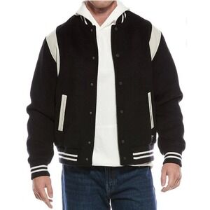 HUDSON Mens Wool Varsity Bomber Jacket L Black Ivory Faux Leather Trim Athletic